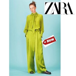Zara green high waisted saint effect front cross over wrap pleated wide leg pant